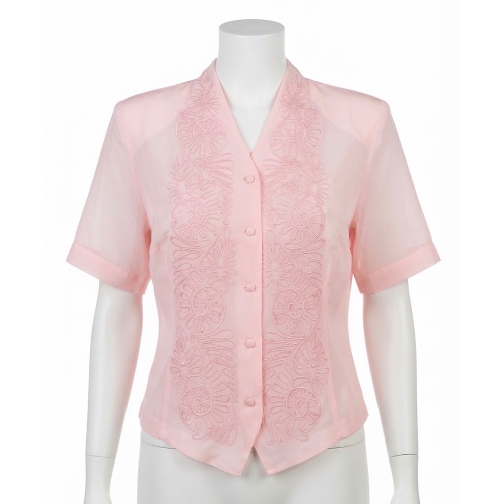 Just For Petites Pink Soutache Pearl Beaded Blouse Vintage Coquette Top 14P